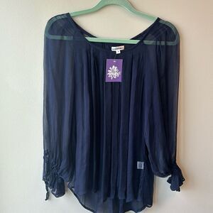 Sarah Stewart NWT silk blouse navy blue medium lined long sleeve